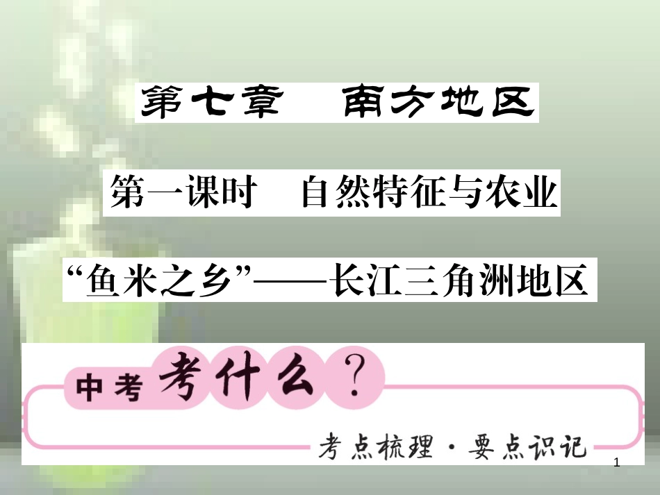 2019中考地理一轮复习 八下 第七章 南方地区（第1课时 自然特征与农业“鱼米之乡”长江三角洲地区）知识梳理优质课件_第1页