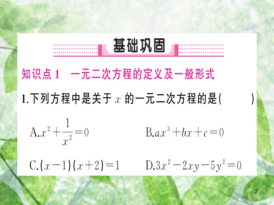 九年级数学上册 第二十一章 一元二次方程 21.1 一元二次方程习题优质课件 （新版）新人教版_第2页