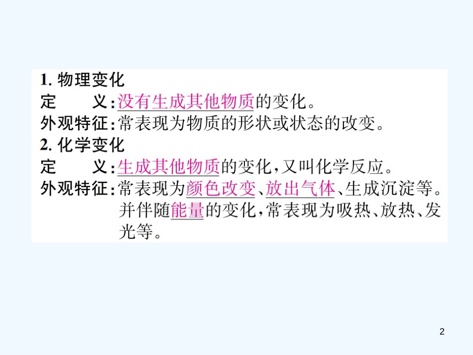 九年级化学上册 第一单元 走进化学世界 课题1 第1课时 化学变化和物理变化（增分课练）习题优质课件 （新版）新人教版_第2页
