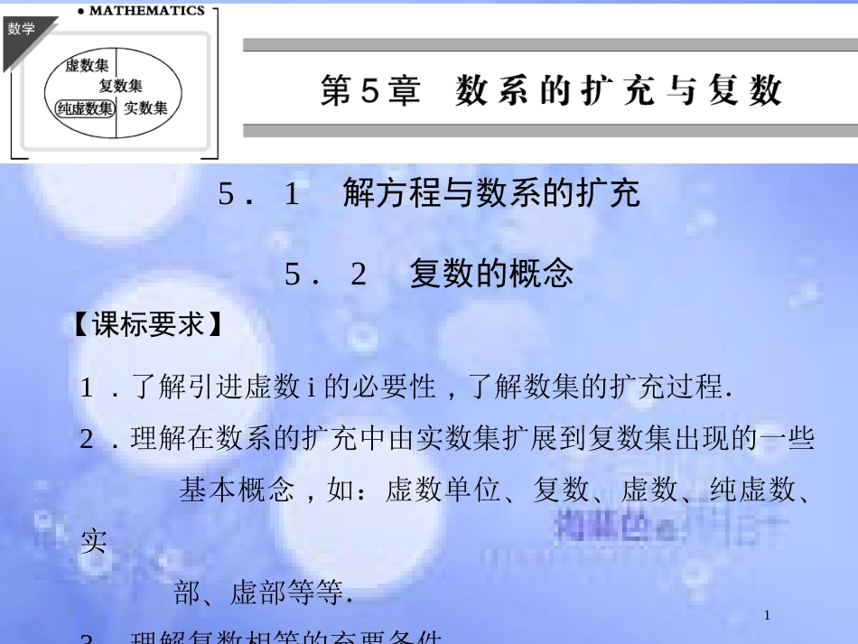 高中数学 第五章 数系的扩充与复数 5.1 解方程与数系的扩充 5.2 复数的概念课件 湘教版选修2-2_第1页