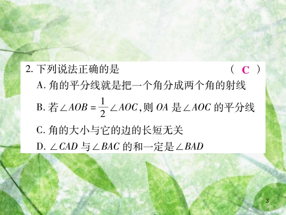 七年级数学上册 第4章 图形的初步认识 4.6 角 4.6.2 角的比较和运算练习优质课件 （新版）华东师大版_第3页