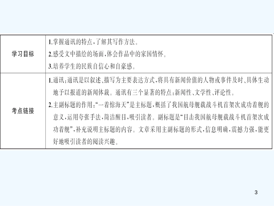 八年级语文上册 第一单元 4 一着惊海天——目击我国航母舰载战斗机首架次成功着舰习题优质课件 新人教版_第3页