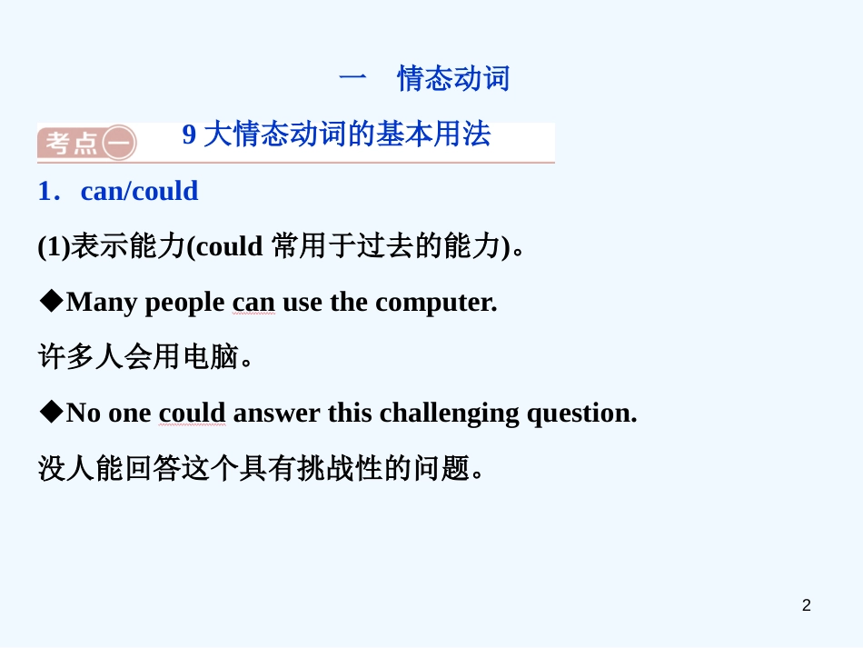 （江苏版）2019届高考英语一轮复习 第二部分 语法专项突破 第十讲 情态动词和虚拟语气优质课件 牛津译林版_第2页