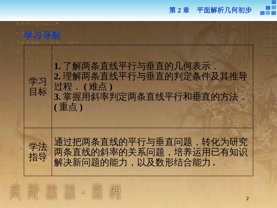 高中数学 第2章 平面解析几何初步 2.1 直线与方程 2.1.3 两条直线的平行与垂直优质课件 苏教版必修2_第2页