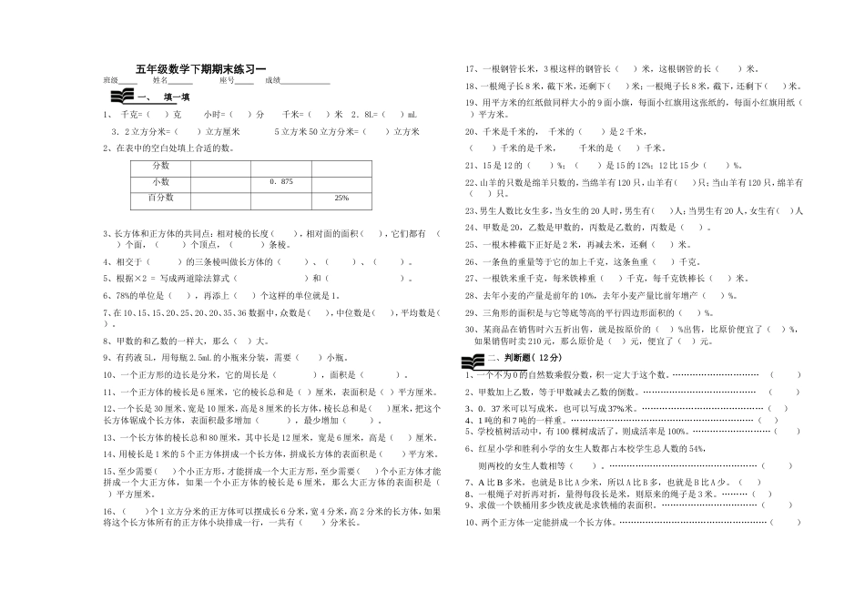 五年级数学下期期末练习1_第1页