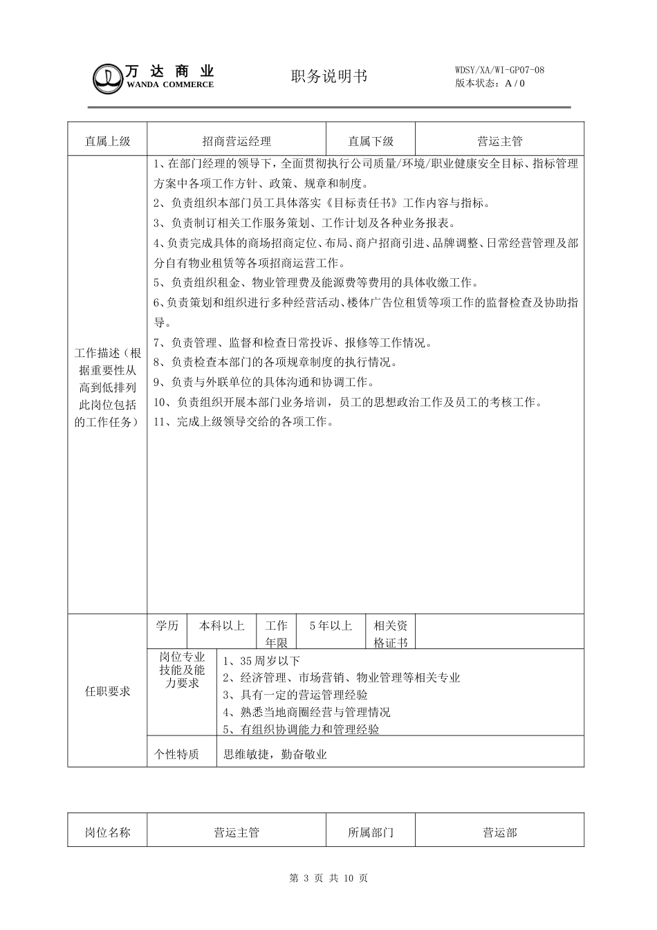 万达营运部岗位说明书[共10页]_第3页