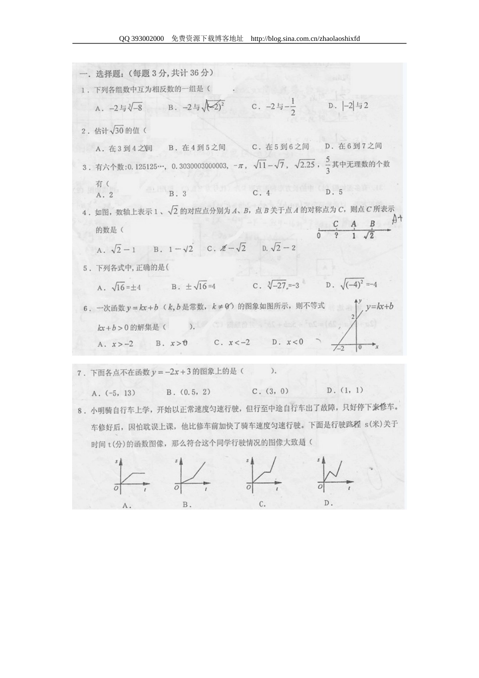 人大附中初二第一学期数学统一测试（七） 一次函数 整式_第1页