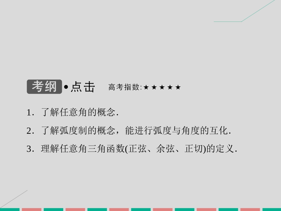 届高考数学大一轮复习 第三章 三角函数、解三角形 第1课时 任意角与弧度制、任意角的三角函数课件 理 北师大版_第3页