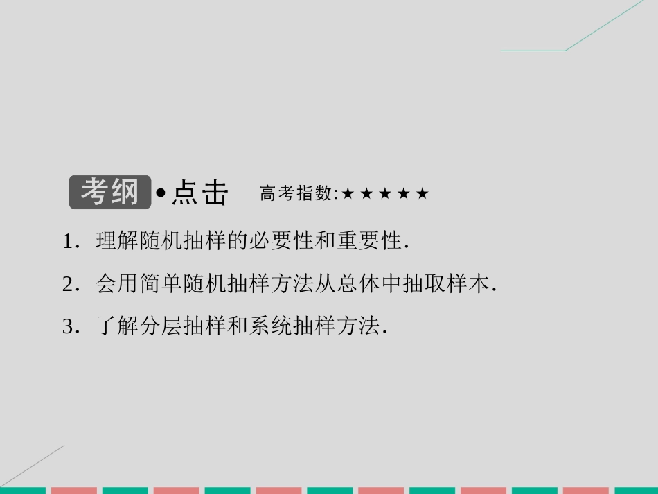 届高考数学大一轮复习 第十章 统计、统计案例 第1课时 抽样方法课件 理 北师大版_第3页