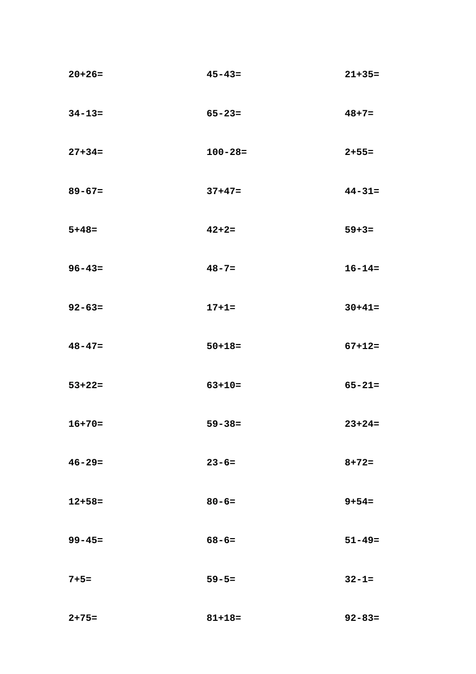 一年级100以内加减法口算题1000道A4直接打印_第3页