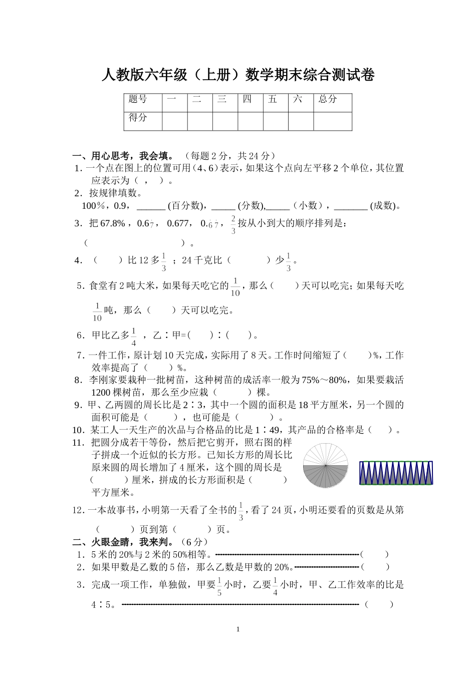 人教版六年级上册数学期末综合测试卷_第1页