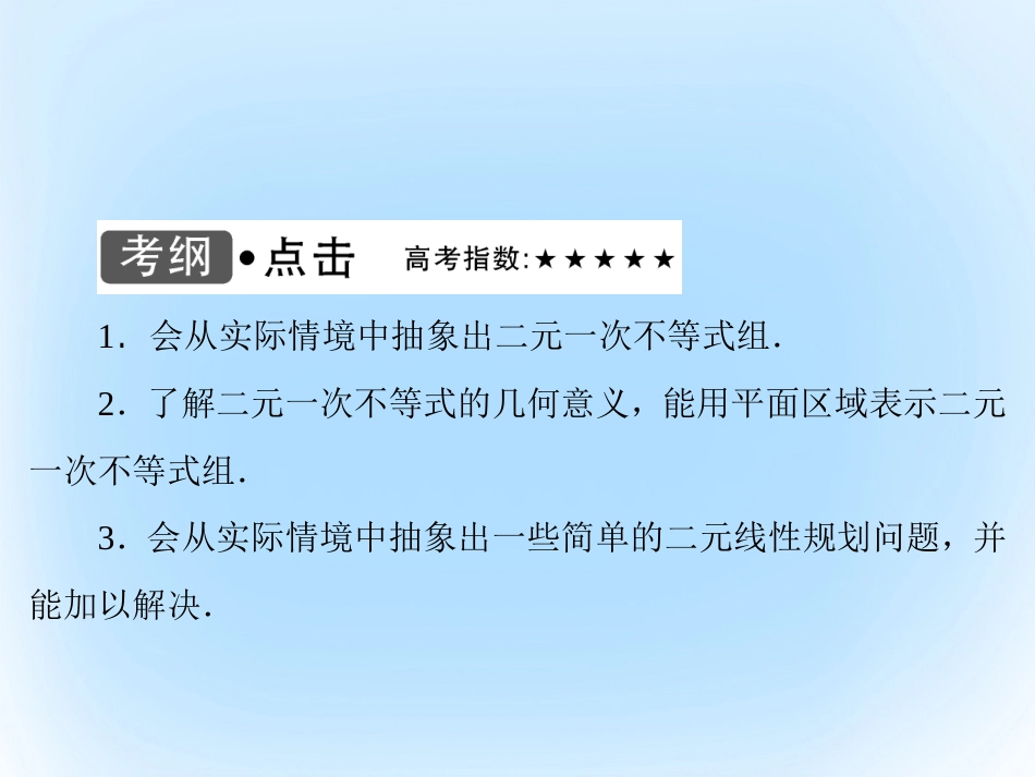届高考数学大一轮复习 第六章 不等式与推理证明 第3课时 二元一次不等式组与简单的线性规划问题课件 文 北师大版_第3页