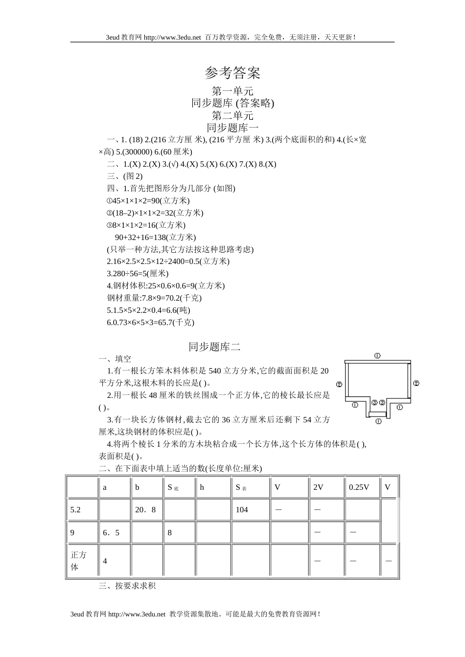 五年级数学长方体和正方体同步题库［人教版］[共4页]_第3页