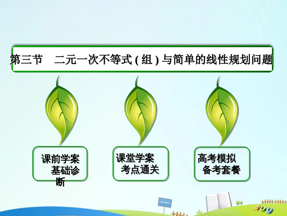 届高三数学一轮总复习 第六章 不等式、推理与证明 6.3 二元一次不等式组与简单的线性规划问题课件_第2页