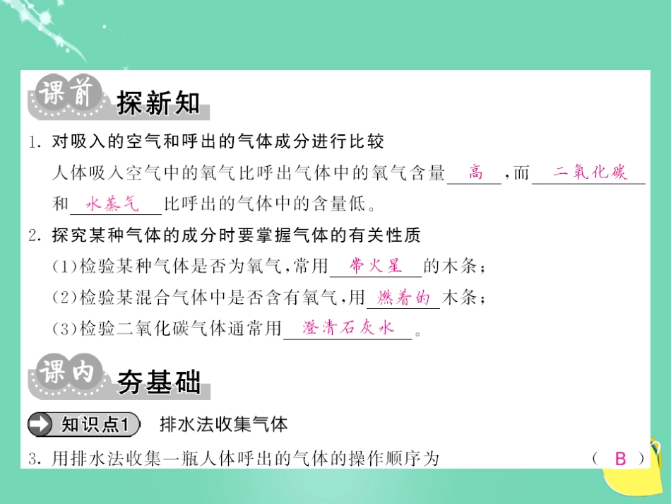 九年级化学上册 第1单元 走进化学世界 课题2 第2课时 对人体吸入的空气和呼出的气体的探究课件 （新版）新人教版_第3页