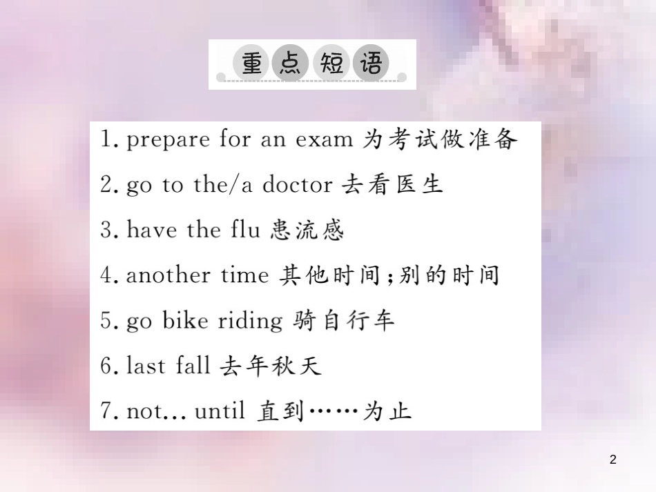 八年级英语上册 Unit 9 Can you come to my party单元重点短语与句型习题课件 （新版）人教新目标版_第2页