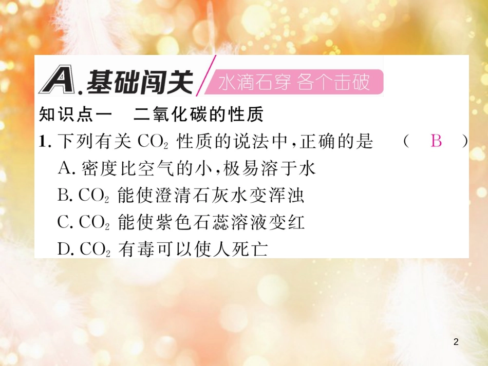 九年级化学上册 第6单元 碳和碳的氧化物 课题3 二氧化碳和一氧化碳 第1课时 二氧化碳作业课件 （新版）新人教版_第2页