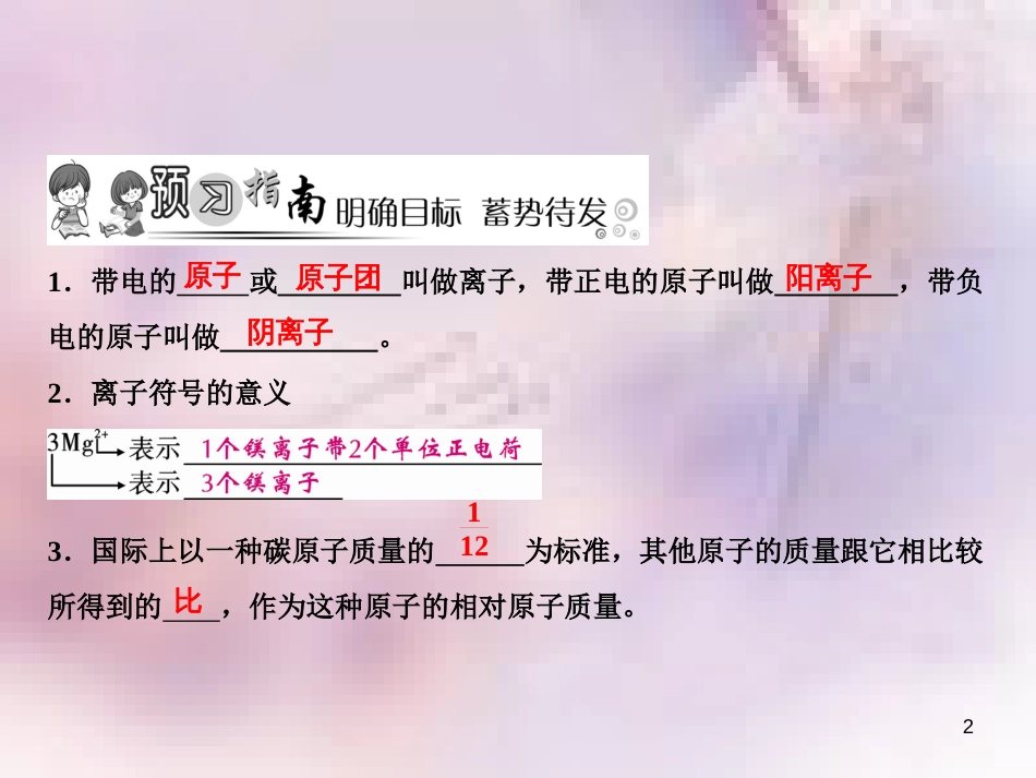 九年级化学上册 第3单元 物质构成的奥秘 课题2 原子的结构 第2课时 离子 相对原子质量作业课件 （新版）新人教版_第2页