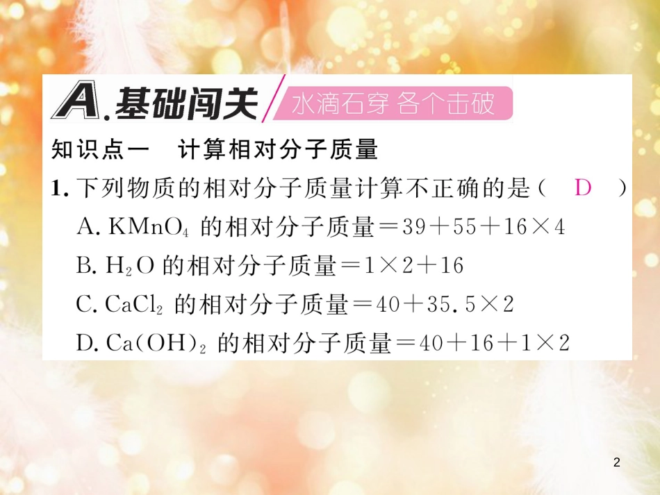九年级化学上册 第4单元 自然界的水 课题4 化学式与化合价 第2课时 有关相对分子质量的计算作业课件 （新版）新人教版_第2页