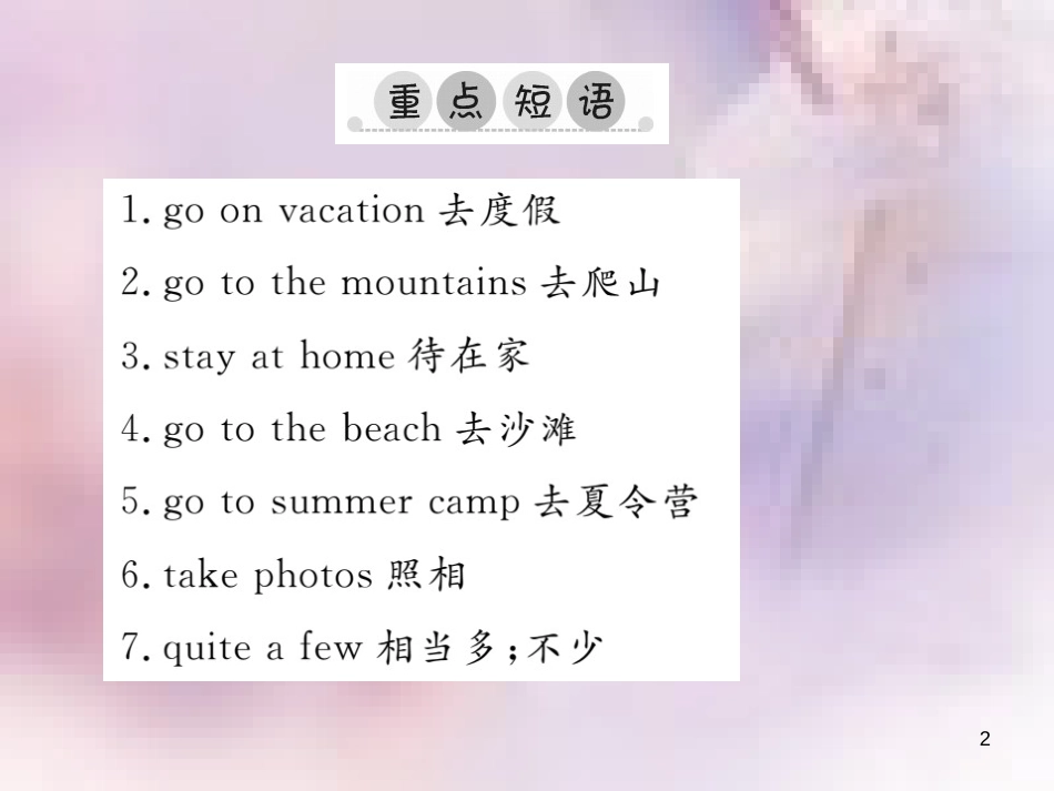 八年级英语上册 Unit 1 Where did you go on vacation单元重点短语与句型习题课件 （新版）人教新目标版_第2页