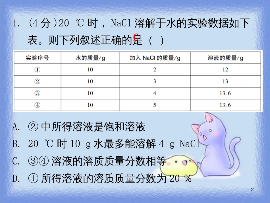 九年级化学下册 第九单元 溶液 课题3 溶解的浓度 课时2 溶质质量分数运用于化学方程式的相关计算（小测本）课件 （新版）新人教版_第2页