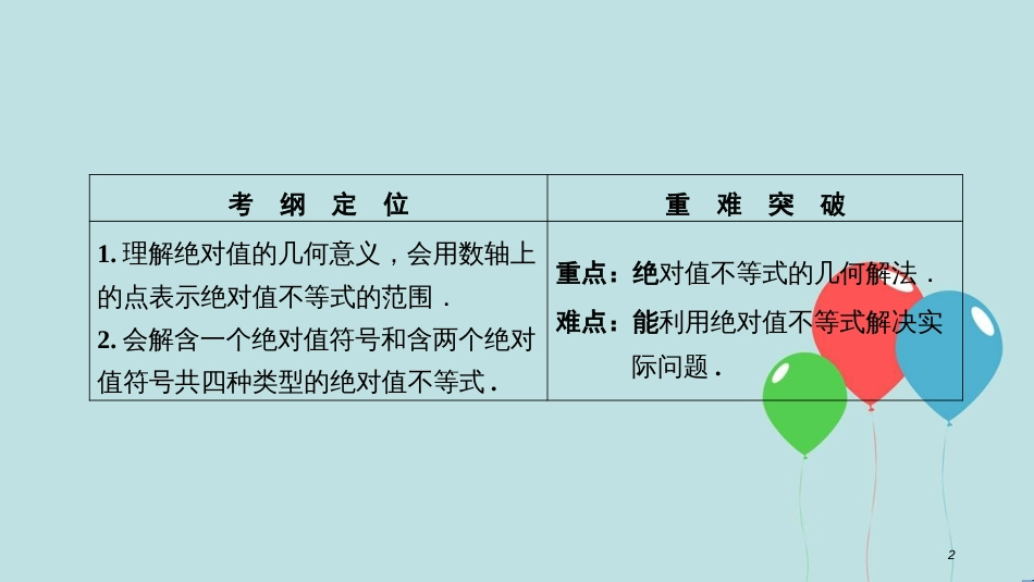 高中数学 第一讲 不等式和绝对值不等式 二 绝对值不等式 2 绝对值不等式的解法课件 新人教A版选修4-5_第2页