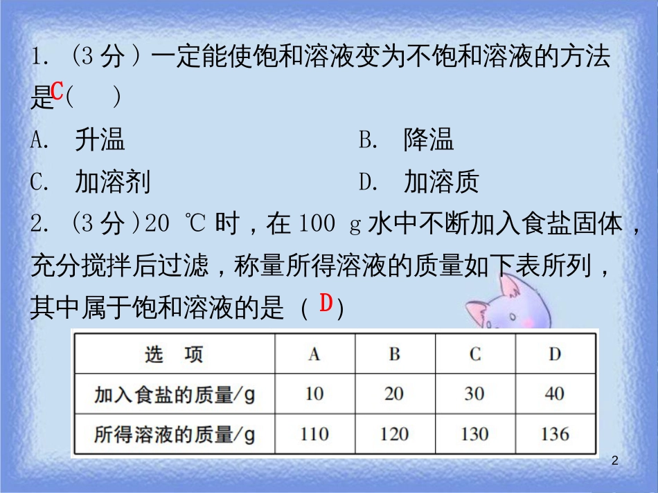 九年级化学下册 第九单元 溶液 课题2 溶解度 课时1 饱和溶液与不饱和溶液（小测本）课件 （新版）新人教版_第2页