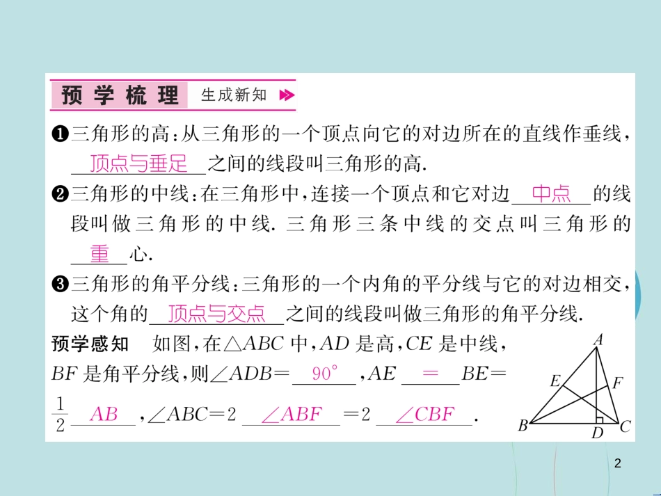 （遵义专版）八年级数学上册 第11章 三角形 11.1 与三角形有关的线段 11.1.2 三角形的高、中线与角平分线习题课件 （新版）新人教版_第2页