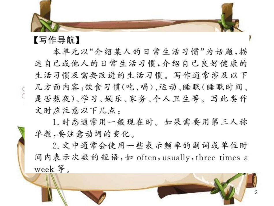 （襄阳专用）八年级英语上册 Unit 2 How often do you exercise写作小专题习题课件 （新版）人教新目标版_第2页