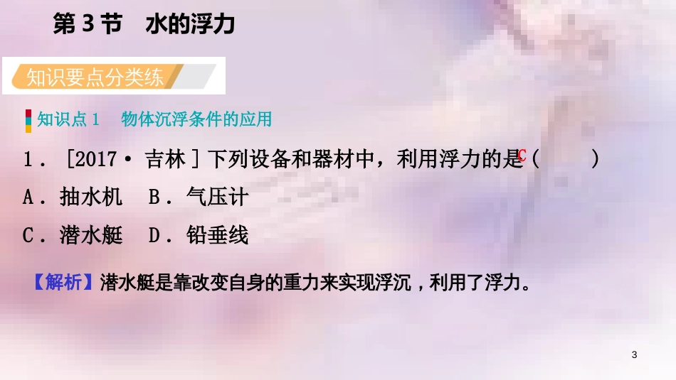 八年级科学上册 第1章 水和水的溶液 1.3 水的浮力 1.3.3 物体浮沉条件的应用练习课件 （新版）浙教版_第3页