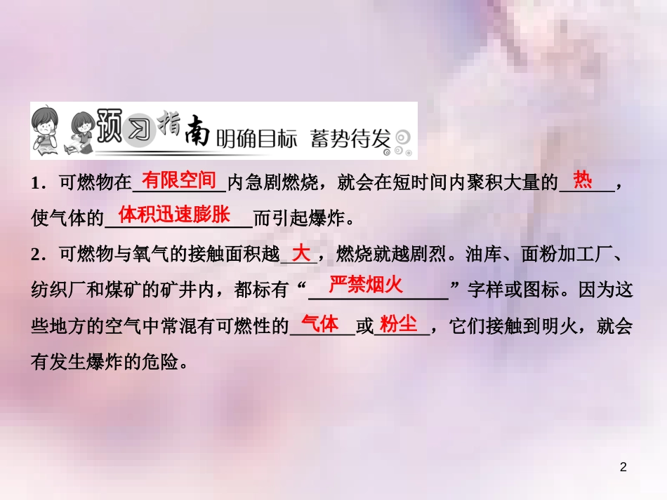 九年级化学上册 第7单元 燃料及其利用 课题1 燃烧和灭火 第2课时 易燃物和易爆物的安全知识作业课件 (新版)新人教版_第2页