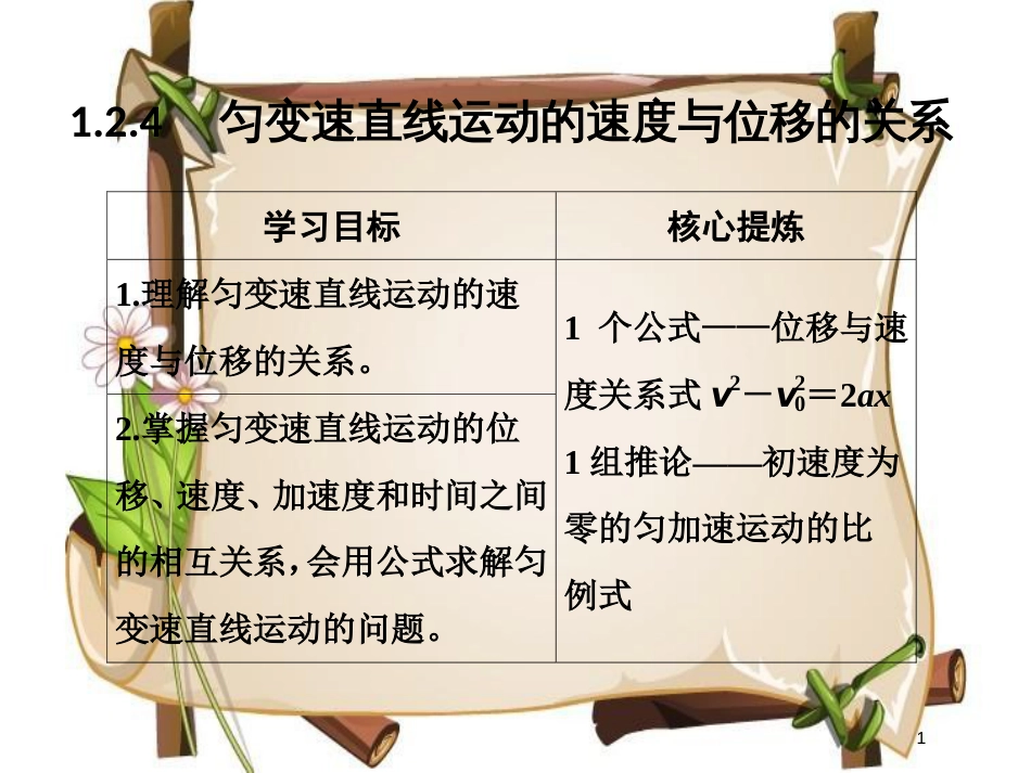 （通用版）高考物理总复习 主题一 机械运动与物理模型 1.2.4匀变速直线运动的速度与位移的关系课件 新人教版_第1页