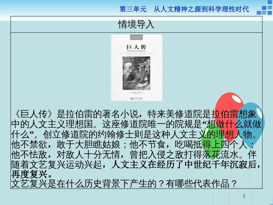 2017-2018学年高中历史 第三单元 从人文精神之源到科学理性时代 第12课 文艺复兴巨匠的人文风采课件 岳麓版必修3_第2页
