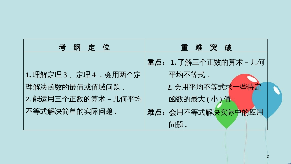 高中数学 第一讲 不等式和绝对值不等式 一 不等式 3 三个正数的算术-几何平均不等式课件 新人教A版选修4-5_第2页