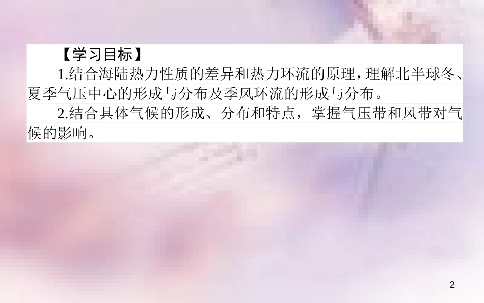 高中地理 第二章 地球上的大气 2.2 气压带和风带 2.2.2 北半球冬、夏季气压中心导学课件 新人教版必修1_第2页