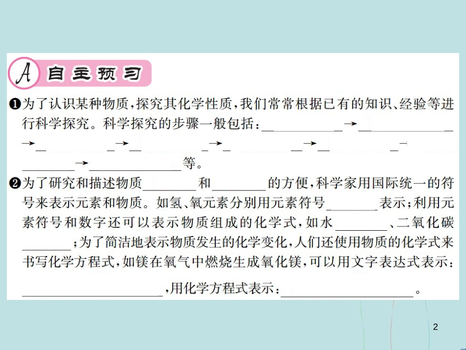（遵义专版）九年级化学全册 第1章 开启化学之门 1.3 怎样学习和研究化学 第2课时 科学探究和化学符号课件 沪教版_第2页