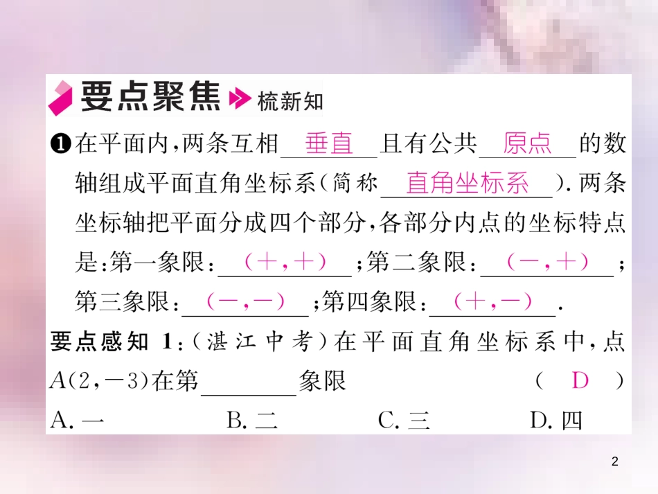 八年级数学上册 第3章 位置与坐标 3.2 平面直角坐标系 第1课时 平面直角坐标系内点与坐标的关系作业课件 （新版）北师大版_第2页