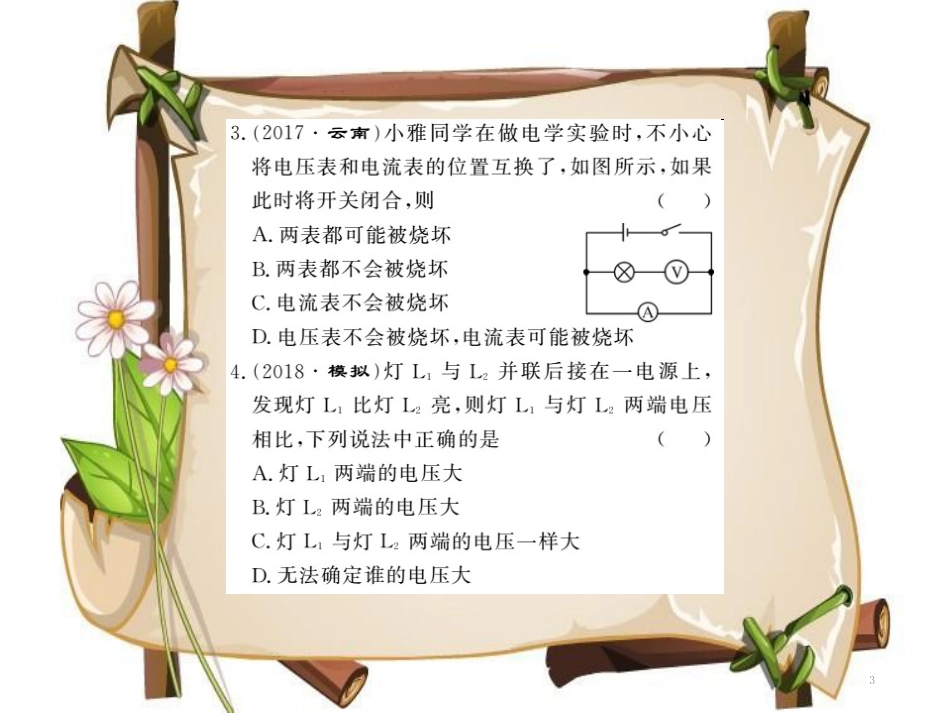 （黔东南专用）九年级物理全册 第十六章 电压 电阻进阶测评（六）（16.1-16.2）课件 （新版）新人教版_第3页