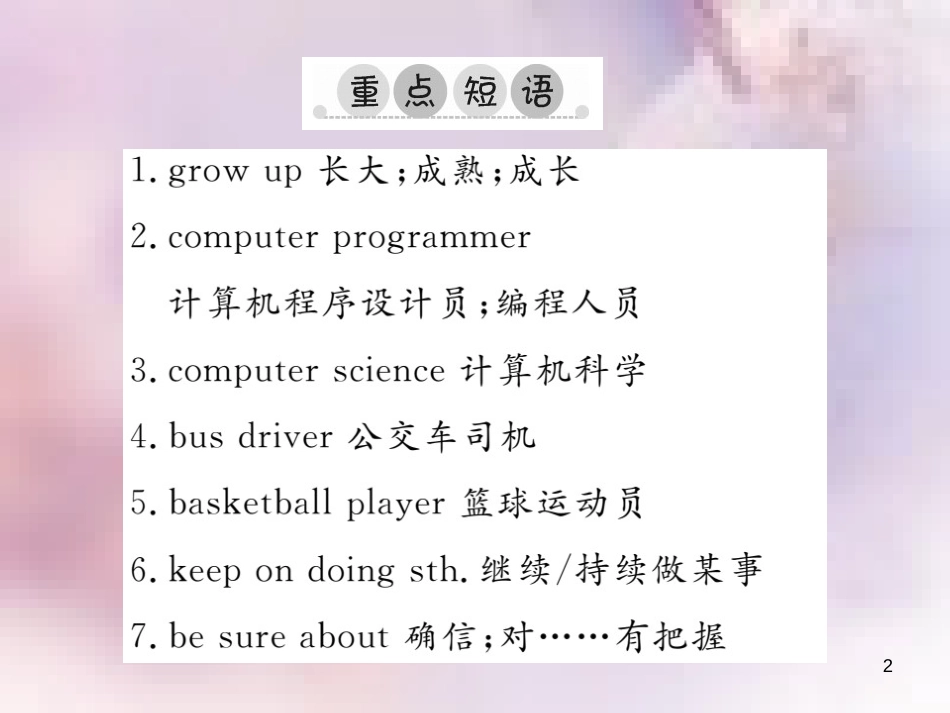 八年级英语上册 Unit 6 I’m going to study computer science单元重点短语与句型习题课件 （新版）人教新目标版_第2页