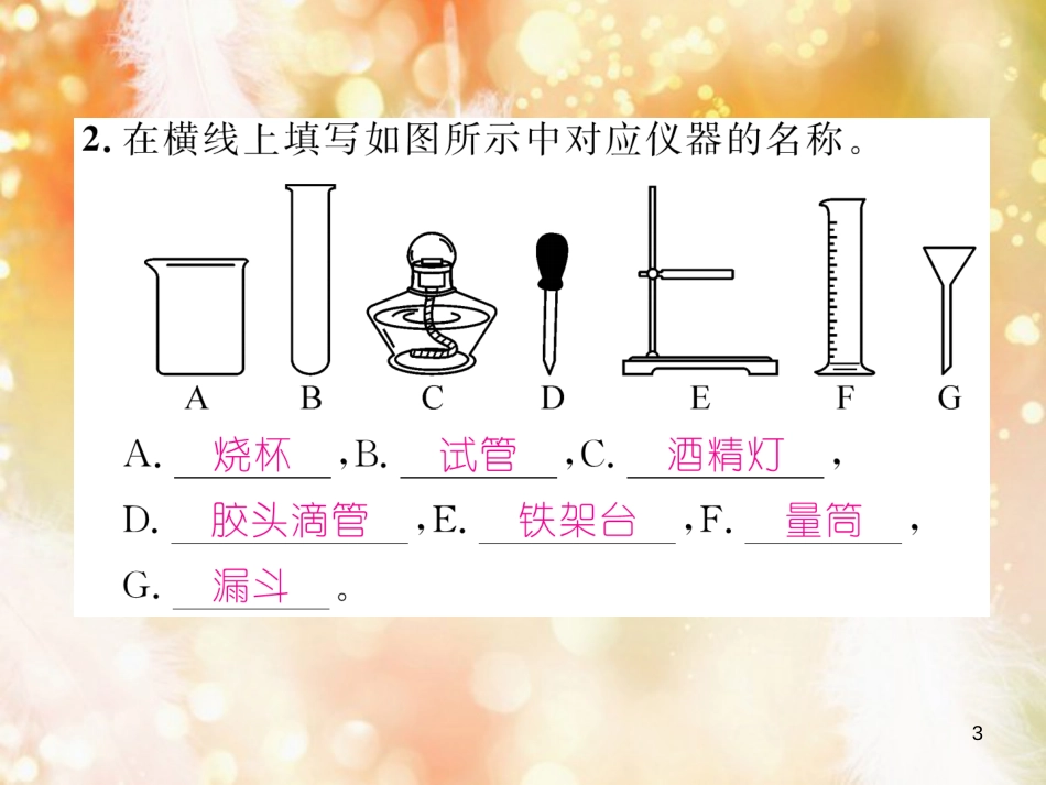 九年级化学上册 第1单元 走进化学世界 课题3 走进化学实验室 第1课时 化学实验室常用仪器及药品的取用作业课件 （新版）新人教版_第3页