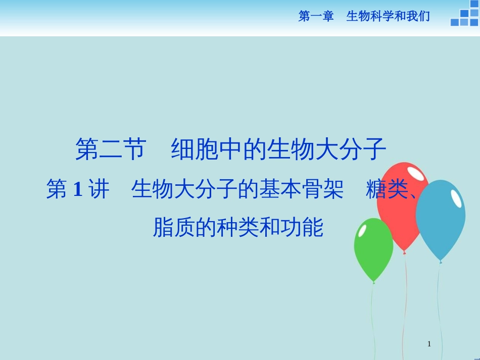 高中生物 第二章 细胞的化学组成 第二节 细胞中的生物大分子 第1讲 生物大分子的基本骨架 糖类、脂质的种类和功能课件 苏教版必修1_第1页