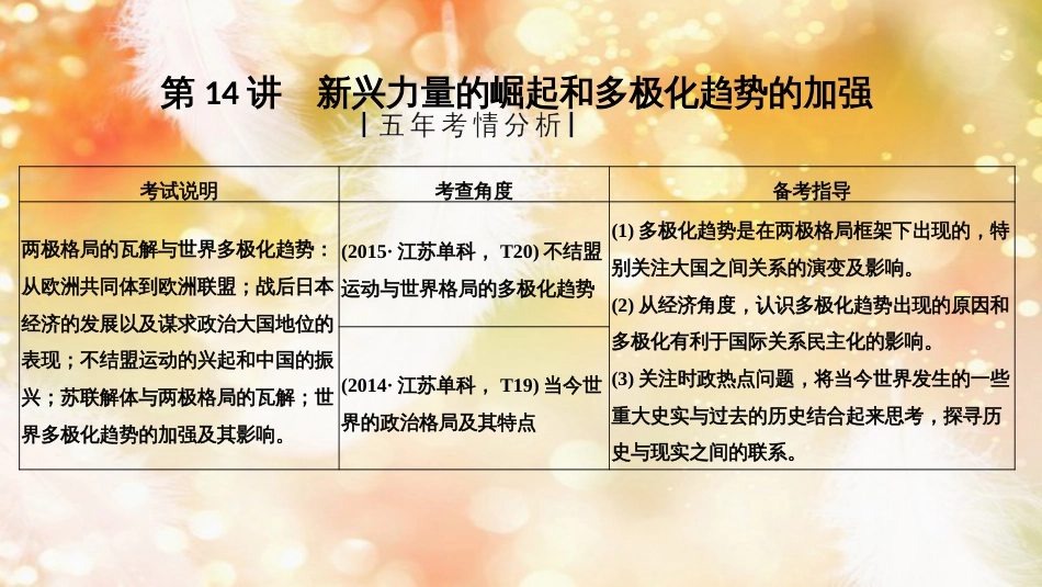 高考历史一轮复习 专题六 当今世界政治格局的多极化趋势 第14讲 新兴力量的崛起和多极化趋势的加强课件 人民版_第1页