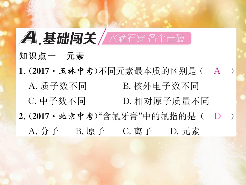 九年级化学上册 第3单元 物质构成的奥秘 课题3 元素 第1课时 元素和元素符号作业课件 （新版）新人教版_第2页