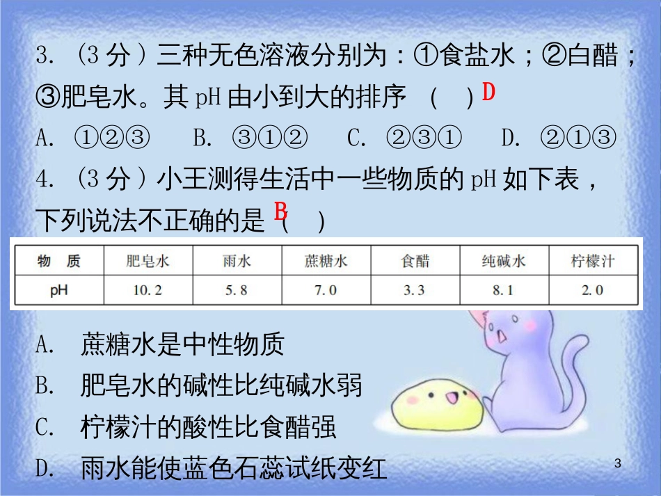 九年级化学下册 第十单元 酸和碱 课题2 酸和碱的中和反应 课时2 溶液酸碱度的表示方法及测定（小测本）课件 （新版）新人教版_第3页