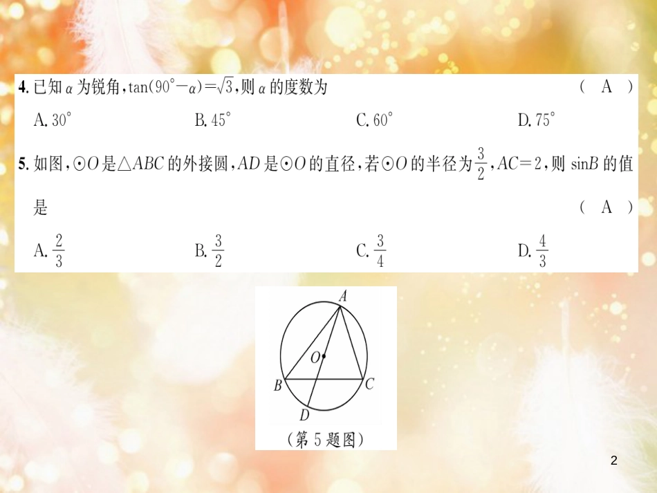 （遵义专版）九年级数学下册 第28章 锐角三角函数 第29章 投影与视图达标测试卷习题课件 （新版）新人教版_第2页