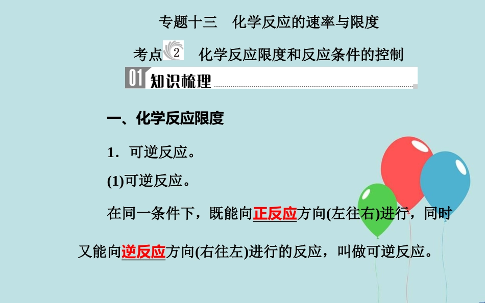 高中化学学业水平测试复习 第六章 化学反应与能量 专题十三 化学反应的速率与限度 考点2 化学反应限度和反应条件的控制课件课件_第2页