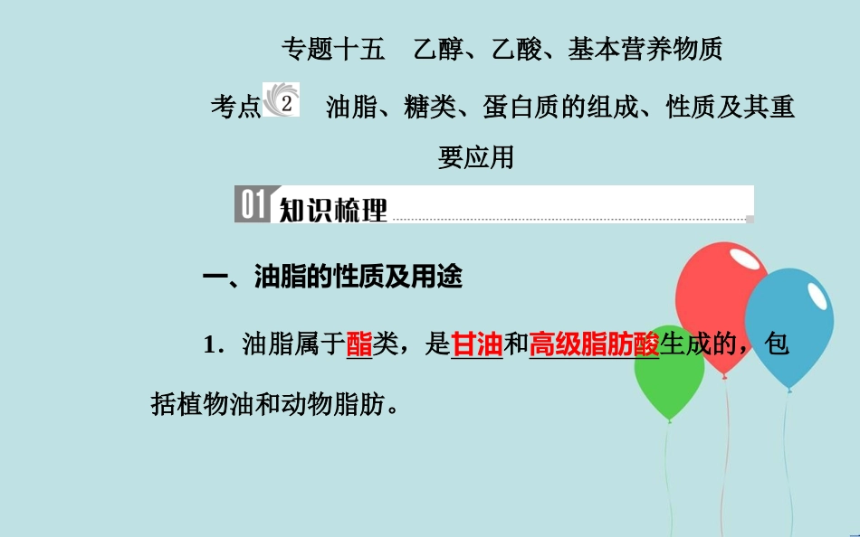 高中化学学业水平测试复习 第七章 有机化合物 专题十五 乙醇、乙酸、基本营养物质 考点2 油脂、糖类、蛋白质的组成、性质及其重要应用课件课件_第2页