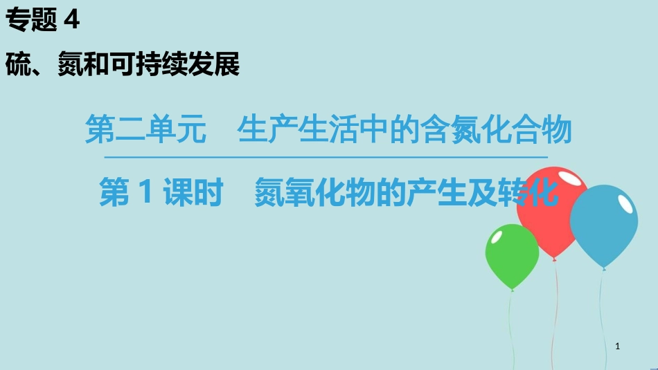 高中化学 专题4 硫、氮和可持续发展 第2单元 生产生活中的含氮化合物 第1课时 氮氧化物的产生及转化课件 苏教版必修1_第1页