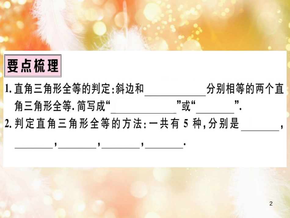 八年级数学上册 第十二章 全等三角形 12.2 三角形全等的判定 第4课时“斜边、直角边”习题讲评课件 （新版）新人教版_第2页