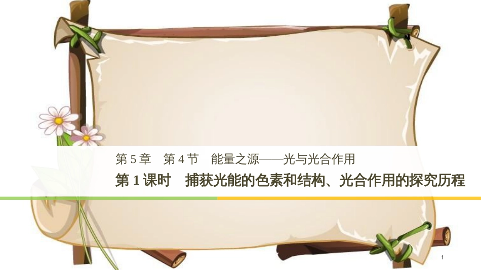 （全国通用版）高中生物 第五章 细胞的能量供应和利用 第4节 第1课时 捕获光能的色素和结构、光合作用的探究历程课件 新人教版必修1_第1页